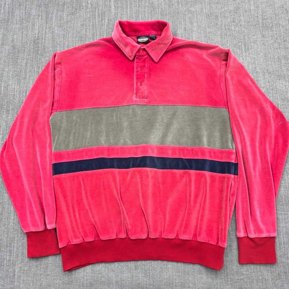 Vintage 80s Towncraft Velour Polo Shirt Mens L Red Colorblock Long Sleeve Retro